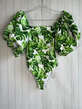 Caroline Constas Mer size M one piece swimsuit puff sleeve monstera leaf NEW
